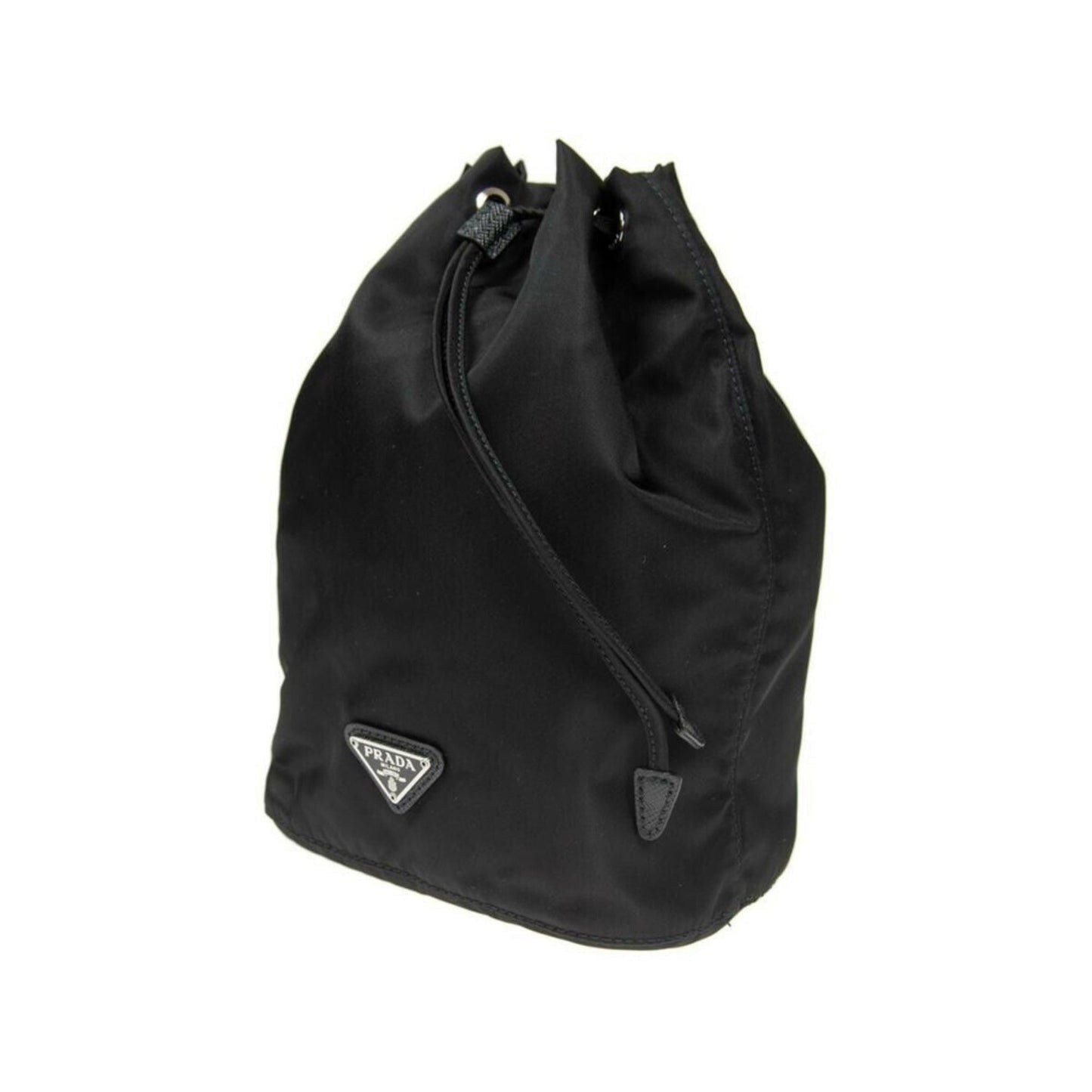 Prada Tessuto Triangle Drawstring Bag Nylon Black Logo Bucket Bag