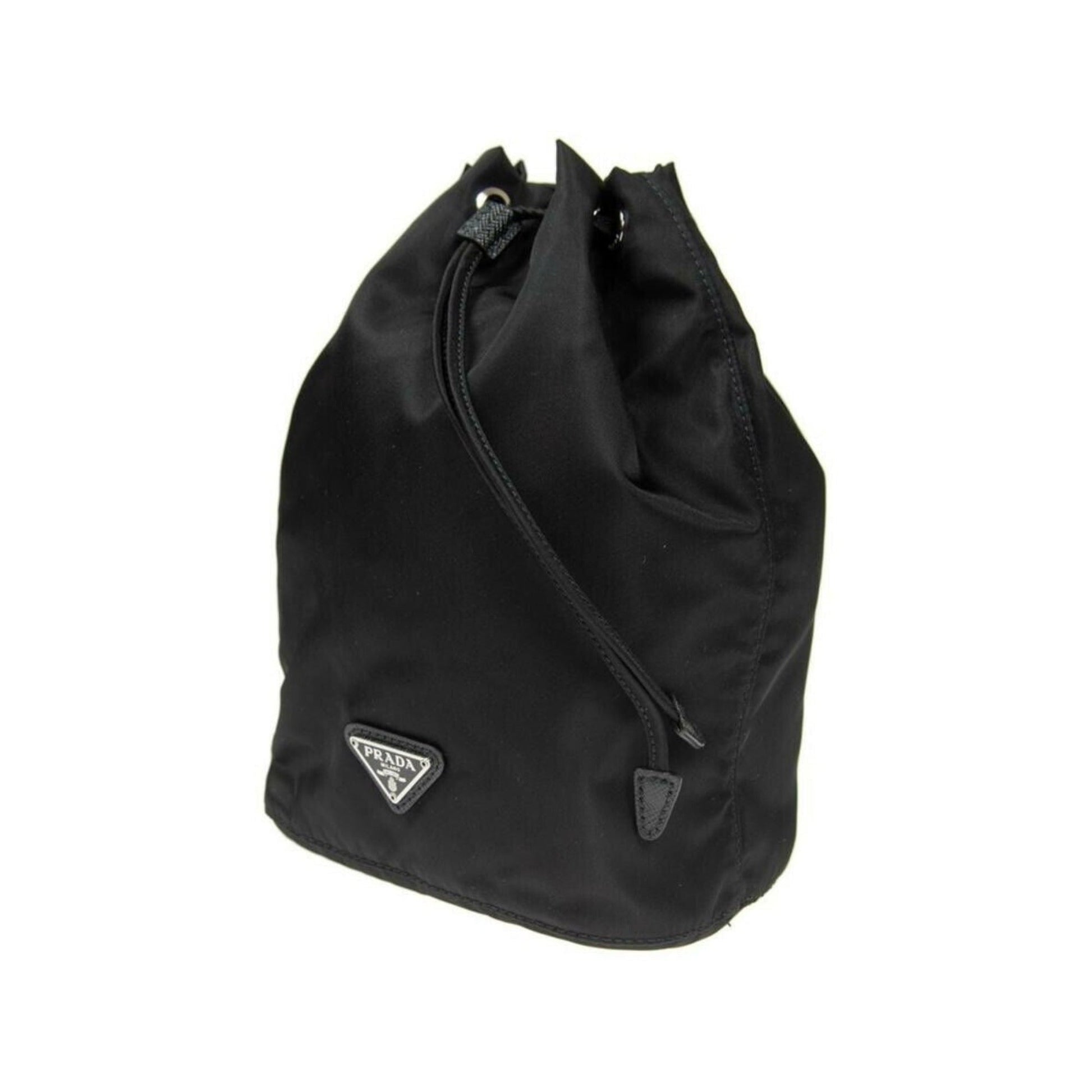 Prada Tessuto Triangle Drawstring Bag Nylon Black Logo Bucket Bag