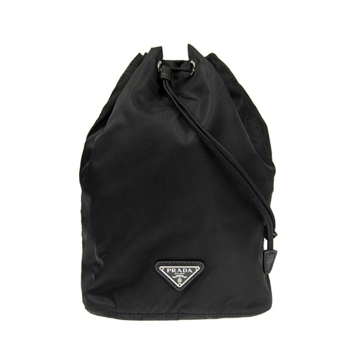 Prada Tessuto Triangle Drawstring Bag Nylon Black Logo Bucket Bag