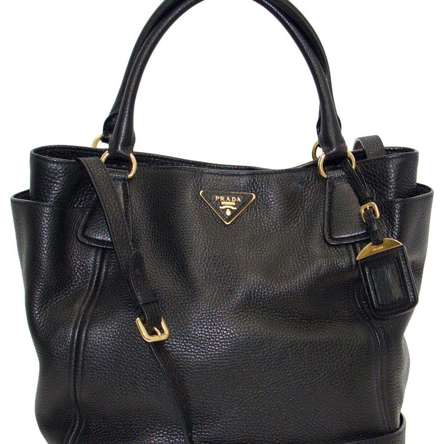 Prada Vitello Daino Side Pocket Hobo Handbag Black Travel Bag