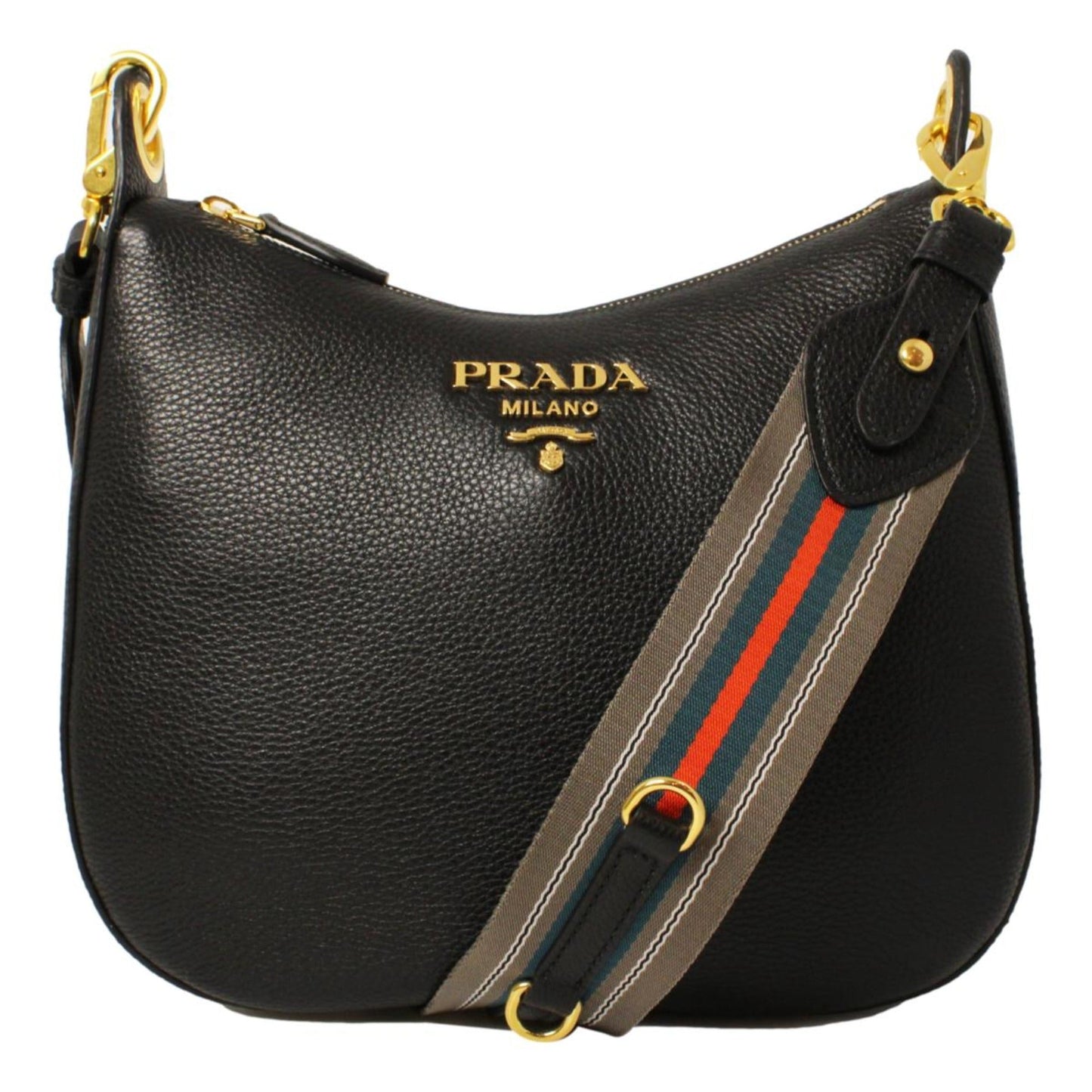 Prada Phenix Web Stripe Strap Crossbody Leather Vitello Black Crossbody Bag