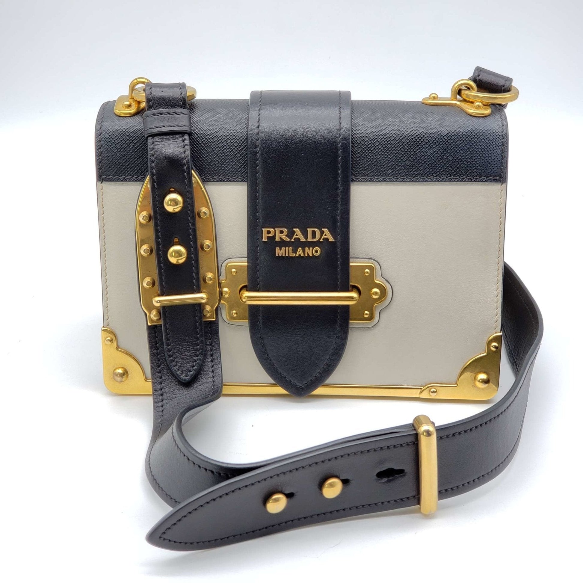 Prada Cahier Shoulder Bag Leather Black White