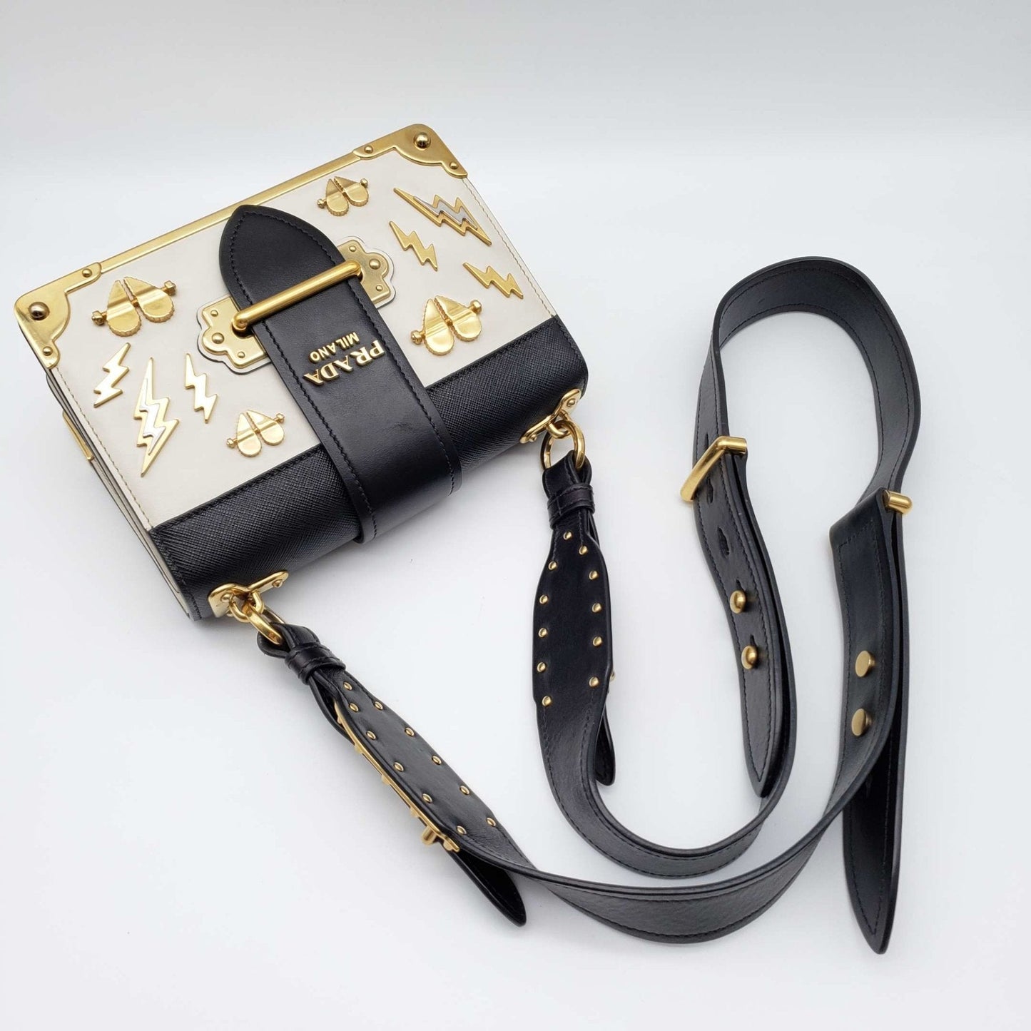 Prada Cahier And Shoulder Bag Leather Black White