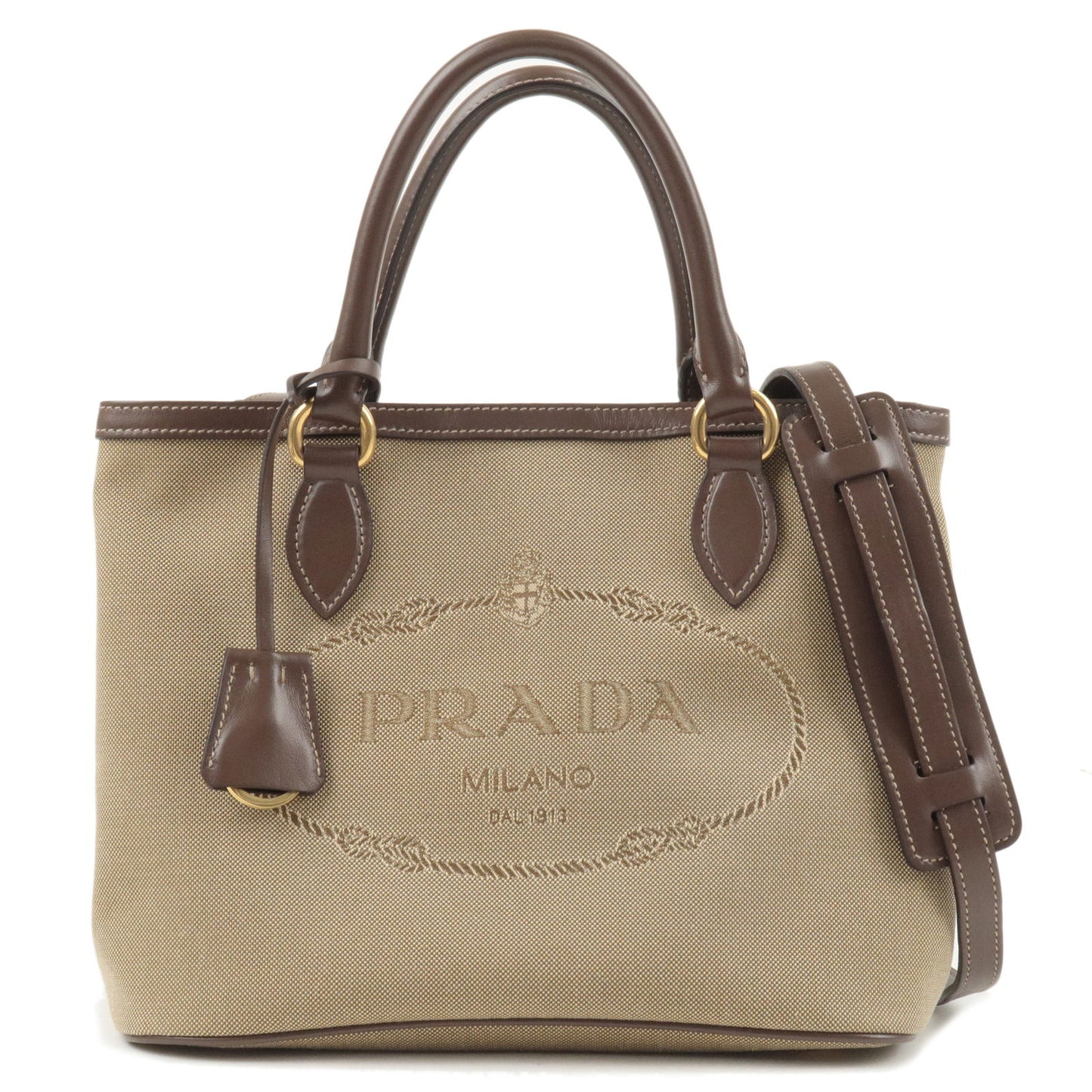 Prada Jacquard Trim Crossbody Satchel Bag Leather Canvas Beige
