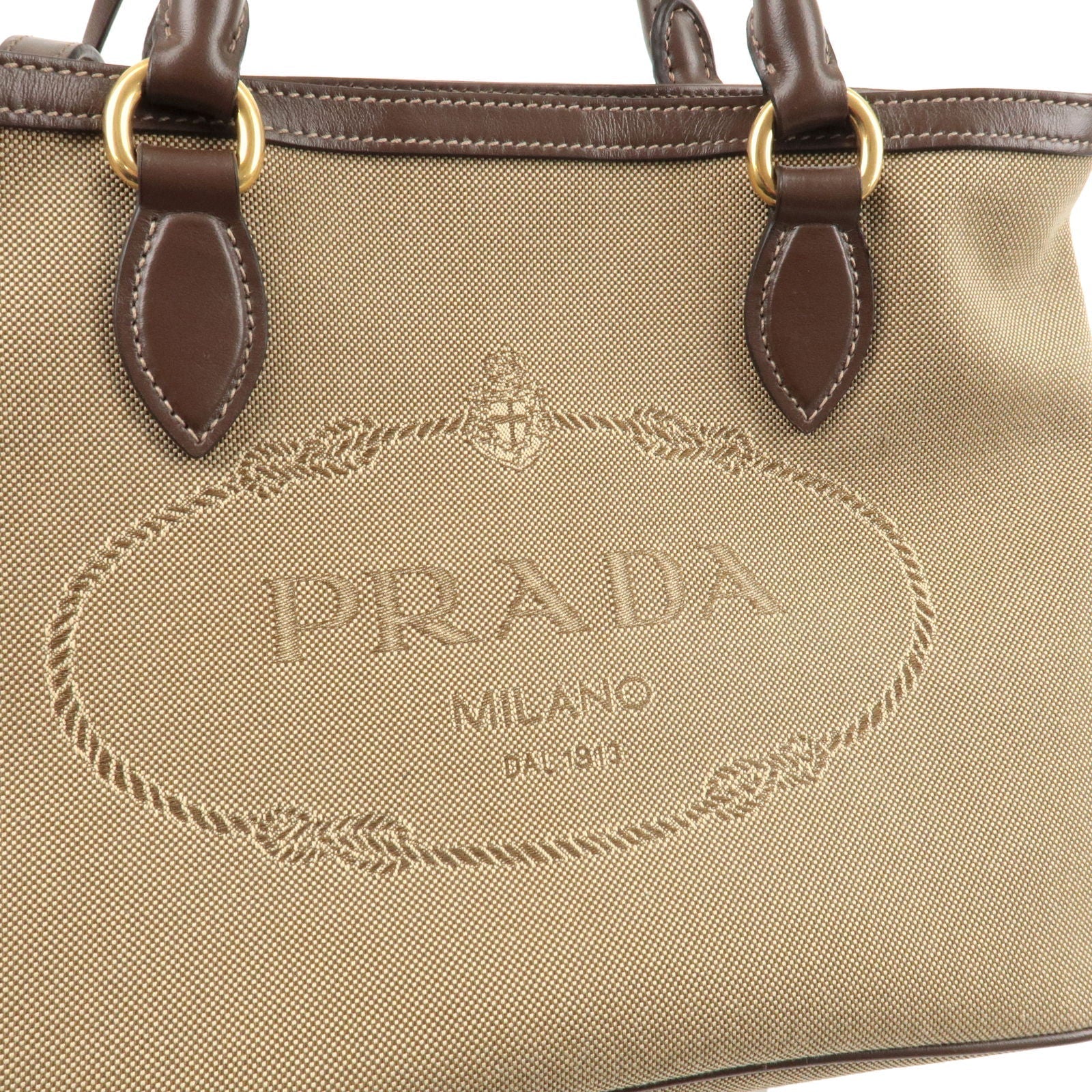 Prada Jacquard Trim Crossbody Satchel Bag Leather Canvas Beige