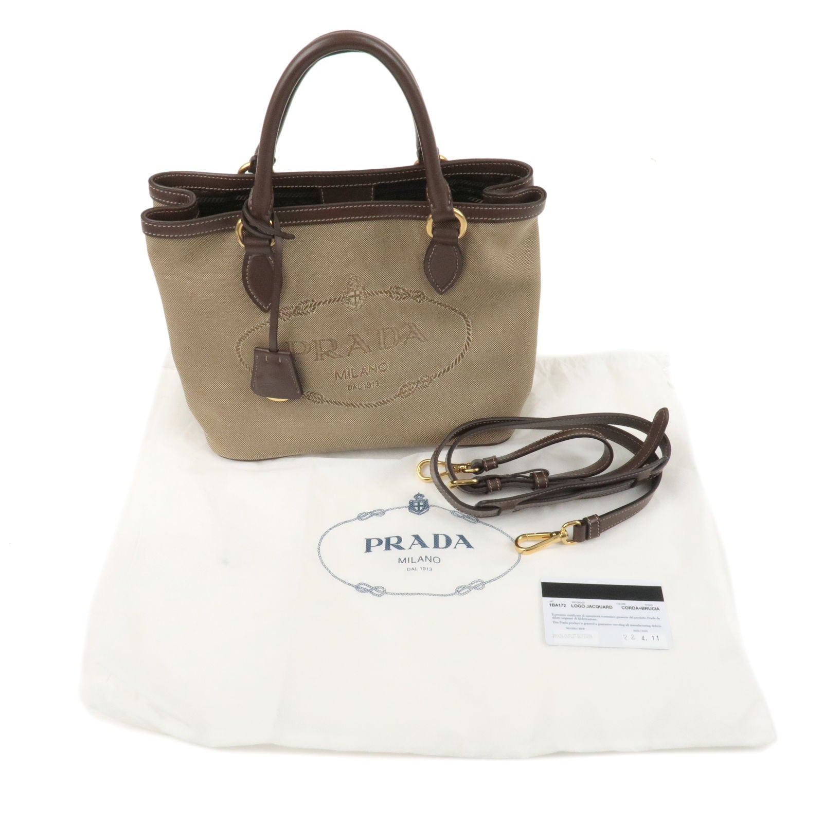 Prada Jacquard Trim Crossbody Satchel Bag Leather Canvas Beige