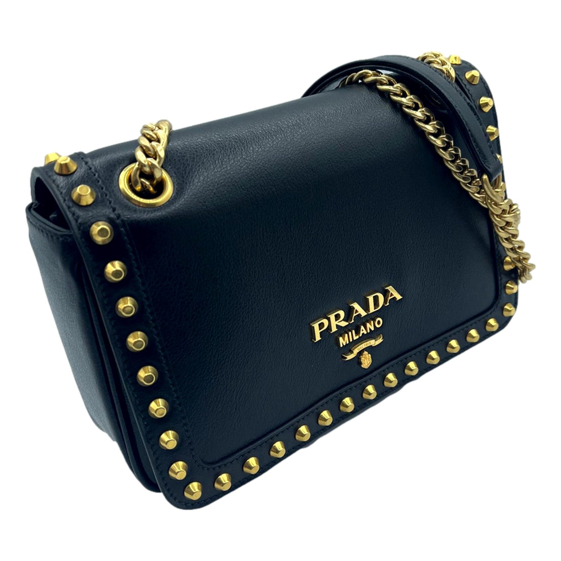 Prada Pattina Calf Studded Crossbody Bag Leather Calf Leather Black