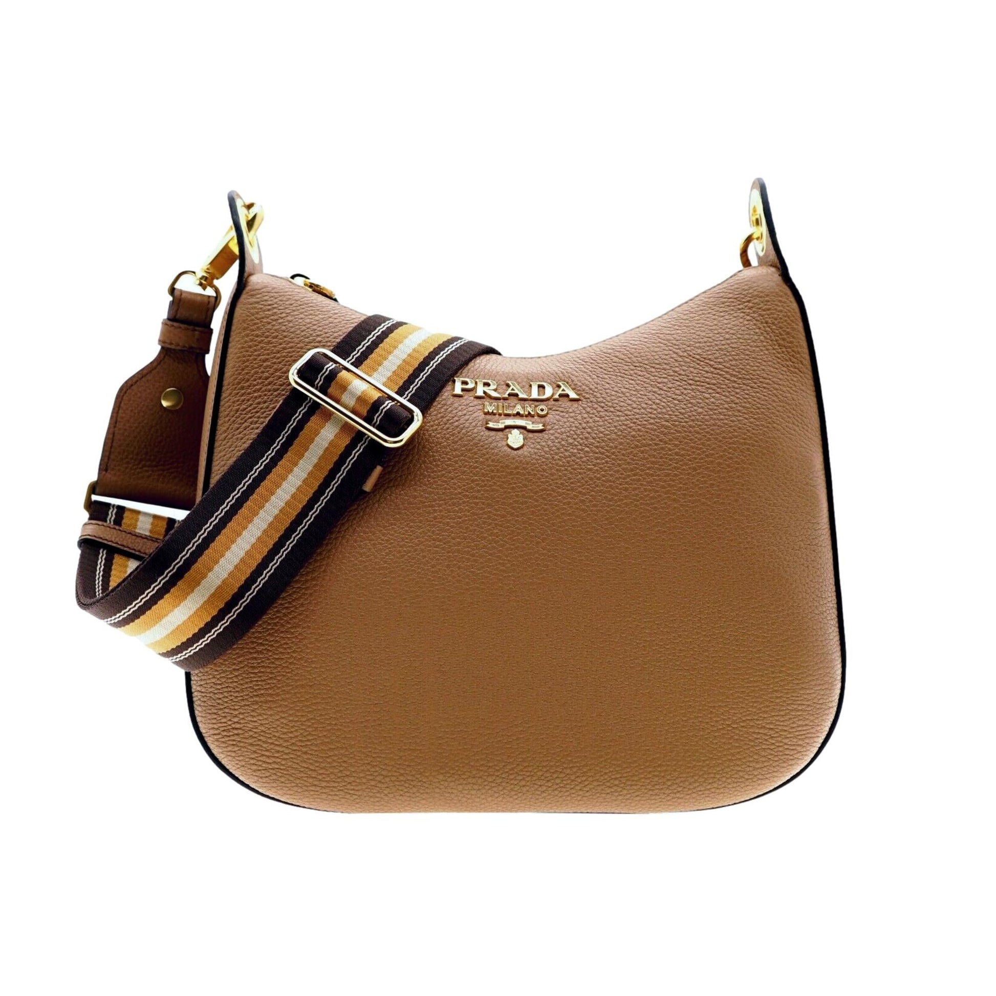 Prada Phenix Caramel Web Stripe Crossbody Bag Leather Vitello Brown