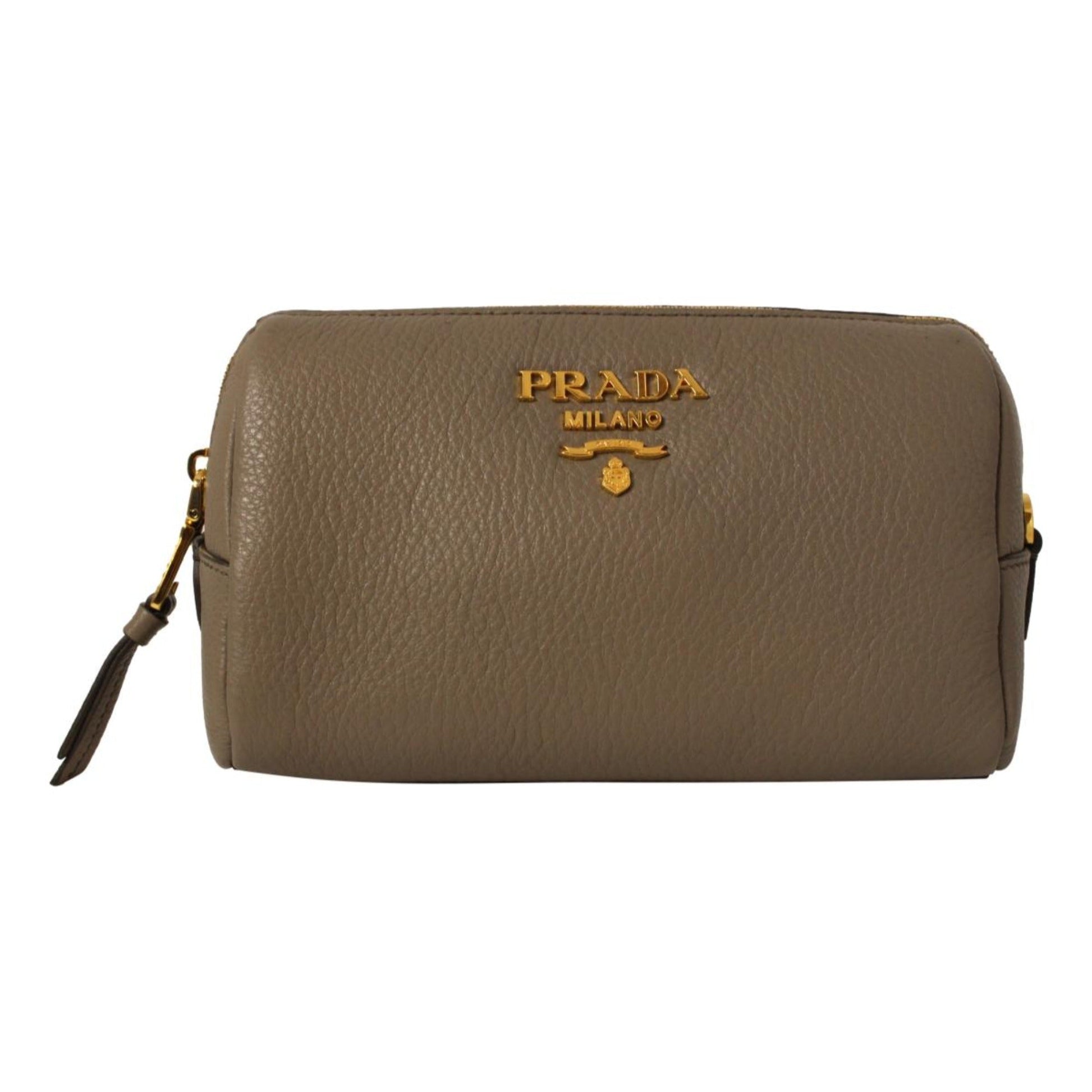 Prada Daino Argilla Grey Cosmetic Pouch Luxury Handbag Leather Vitello Gray Clutch Bag