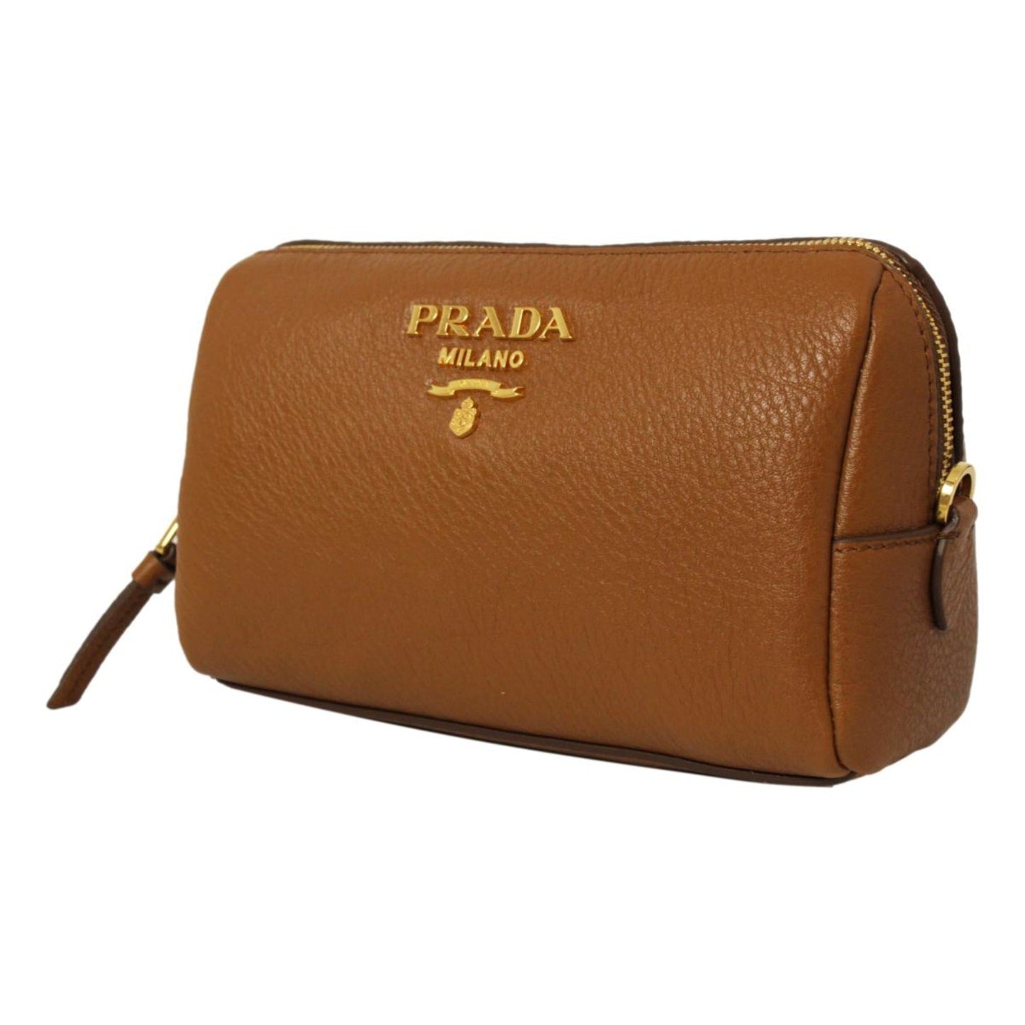 Prada Daino Cannella Cosmetic Pouch Clutch Bag Leather Vitello Brown