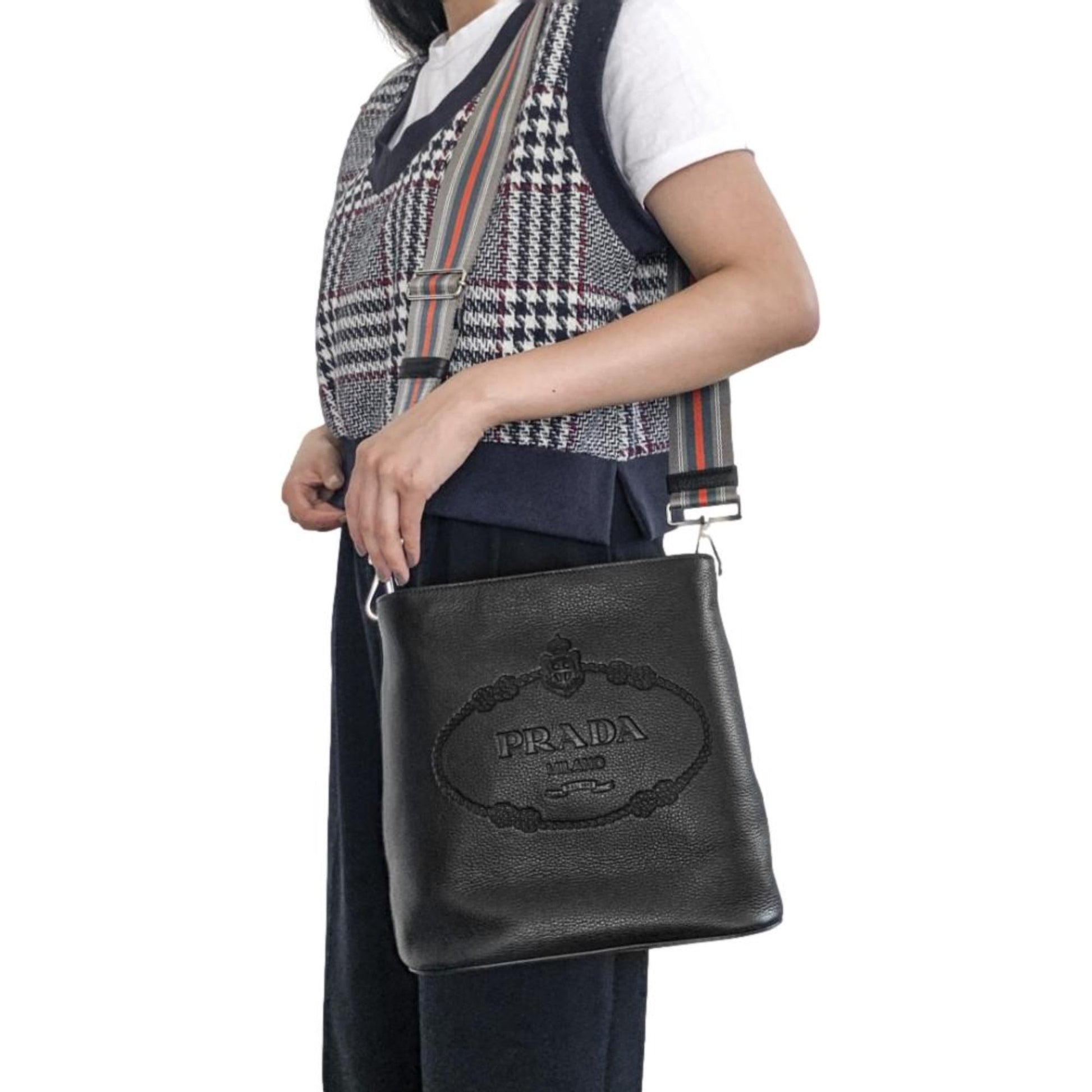 Prada Phenix Web Strap Crossbody Bag Leather Vitello Black