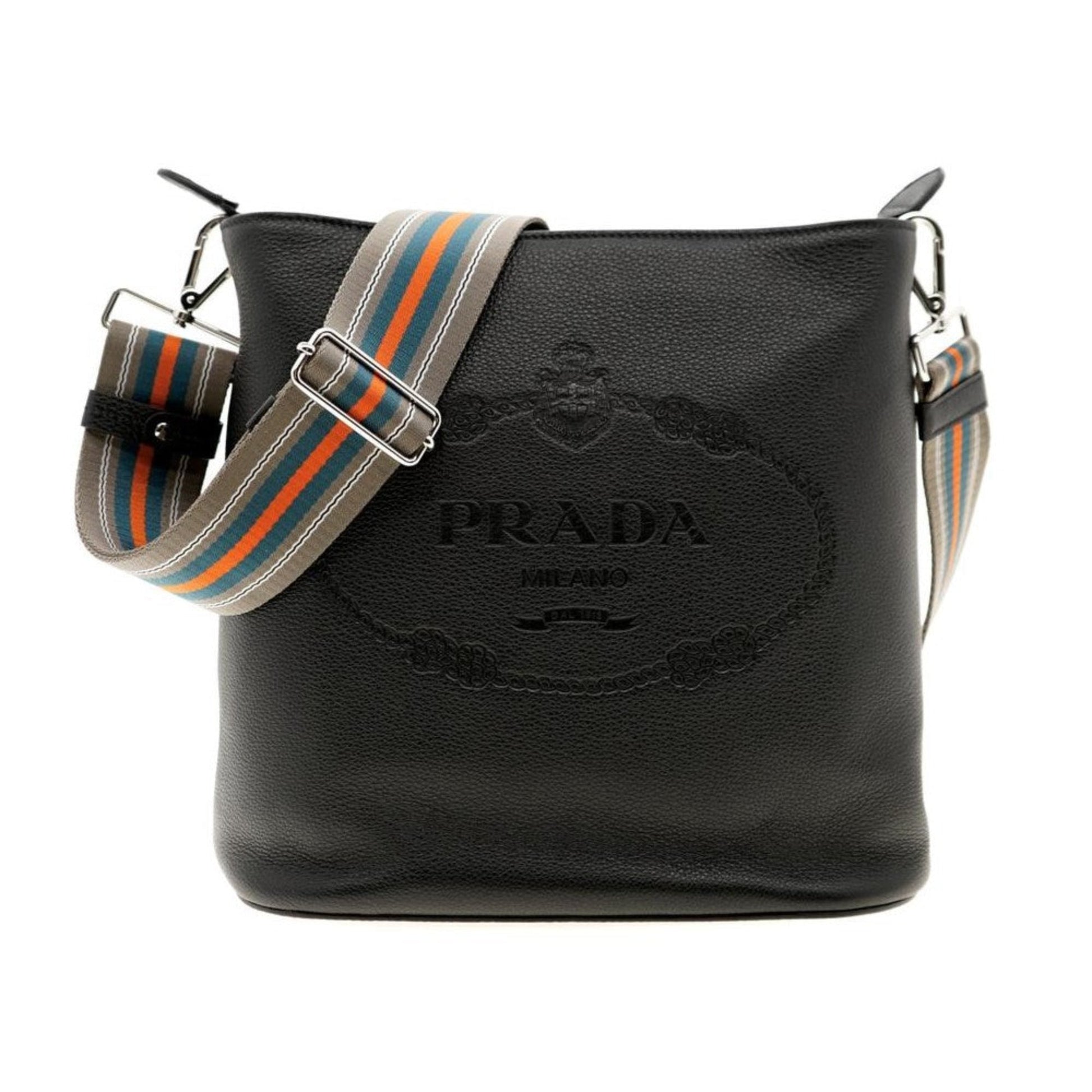 Prada Phenix Web Strap Crossbody Bag Leather Vitello Black