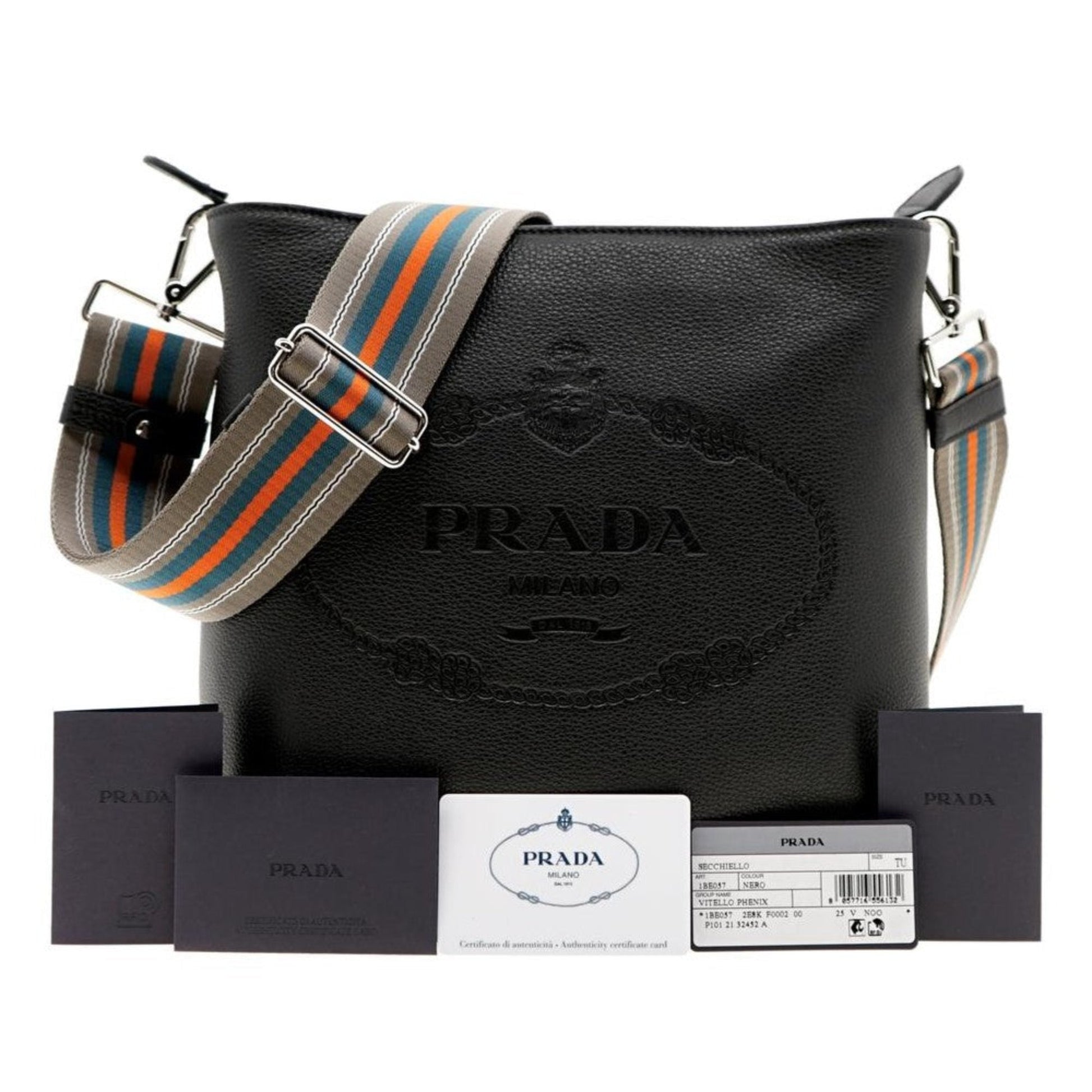 Prada Phenix Web Strap Crossbody Bag Leather Vitello Black
