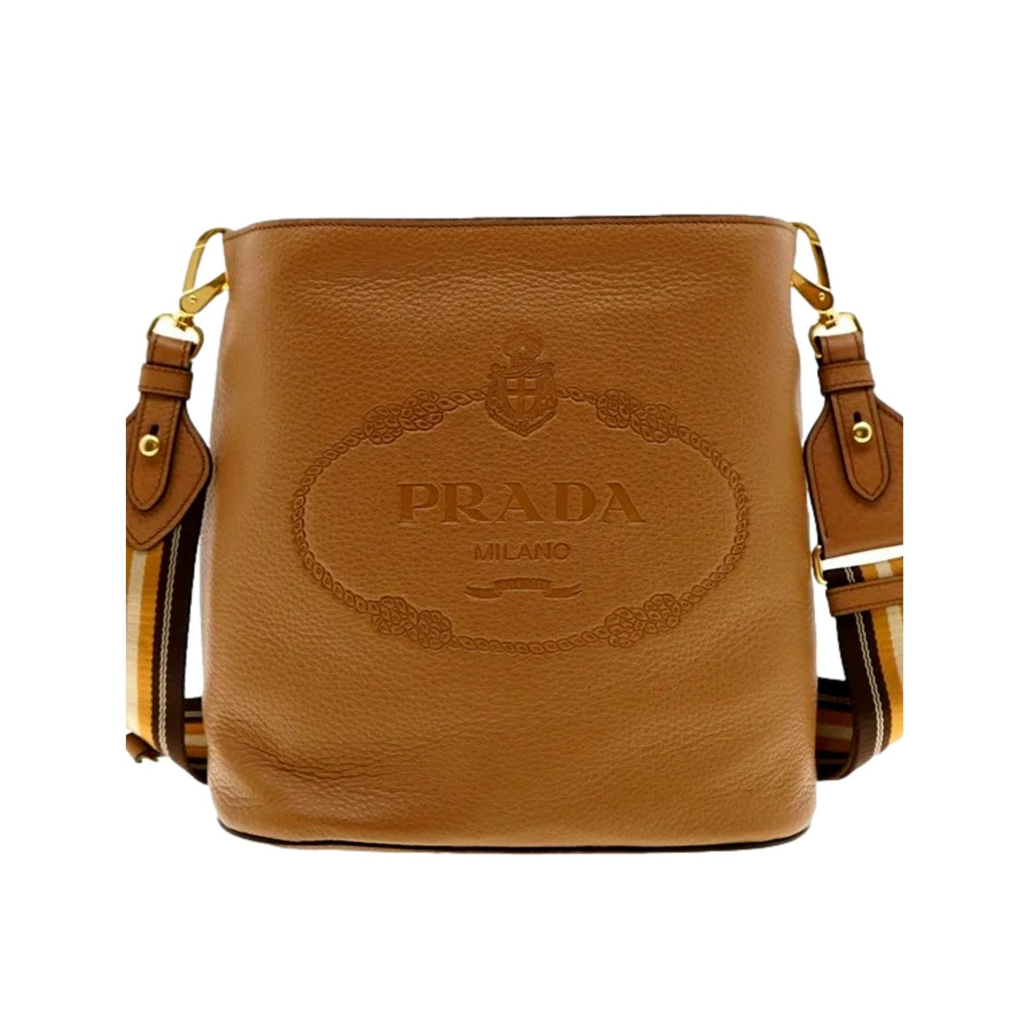 Prada Phenix Crossbody Bag Caramel Web Strap Vitello Brown Bucket