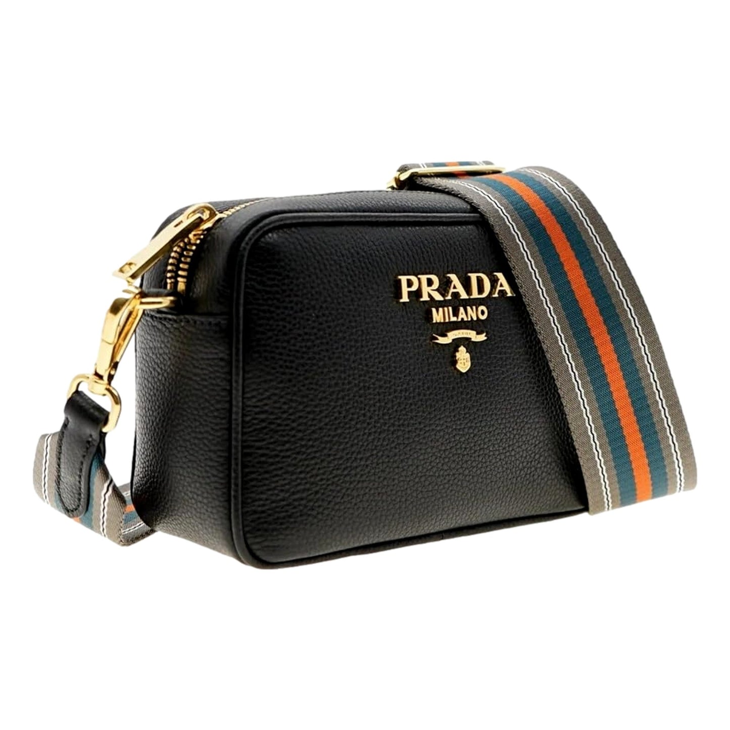 Prada Milano Crossbody Bag Web Stripe Strap Leather Black