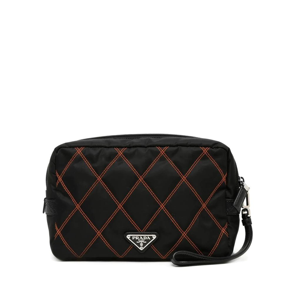 Prada And Pouch Luxury Handbag Nylon Black Orange Clutch Bag