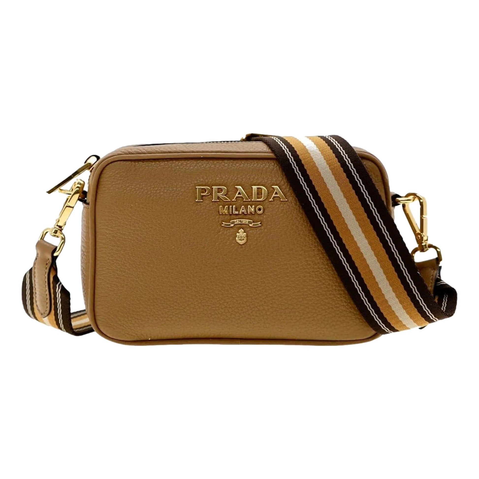 Prada Caramel Crossbody Bag Web Stripe Strap Leather Tan