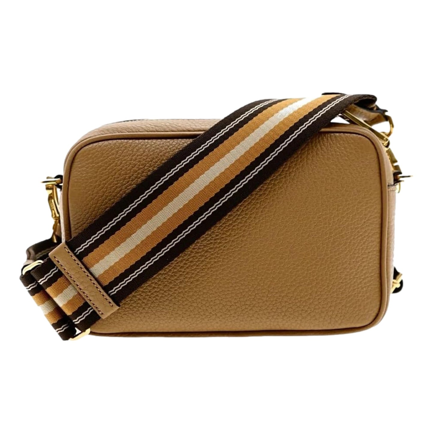 Prada Caramel Crossbody Bag Web Stripe Strap Leather Tan