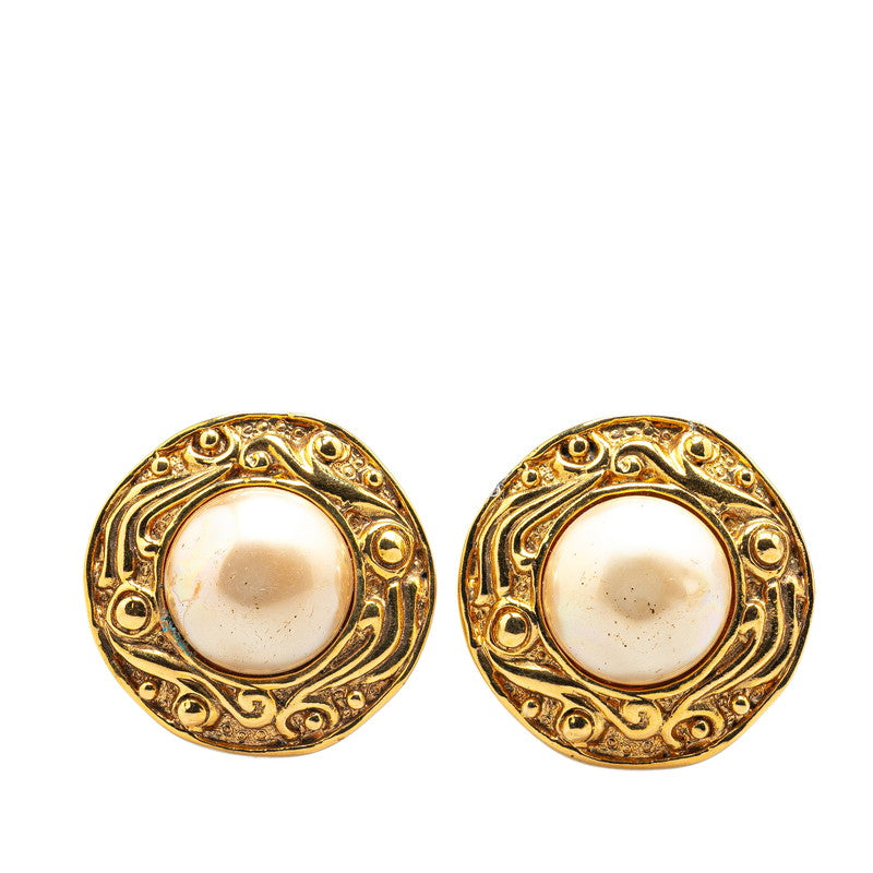 Chanel Gold Plated Round Fake Pearl Earrings Bag