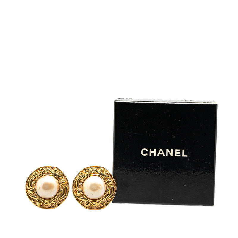 Chanel Gold Plated Round Fake Pearl Earrings