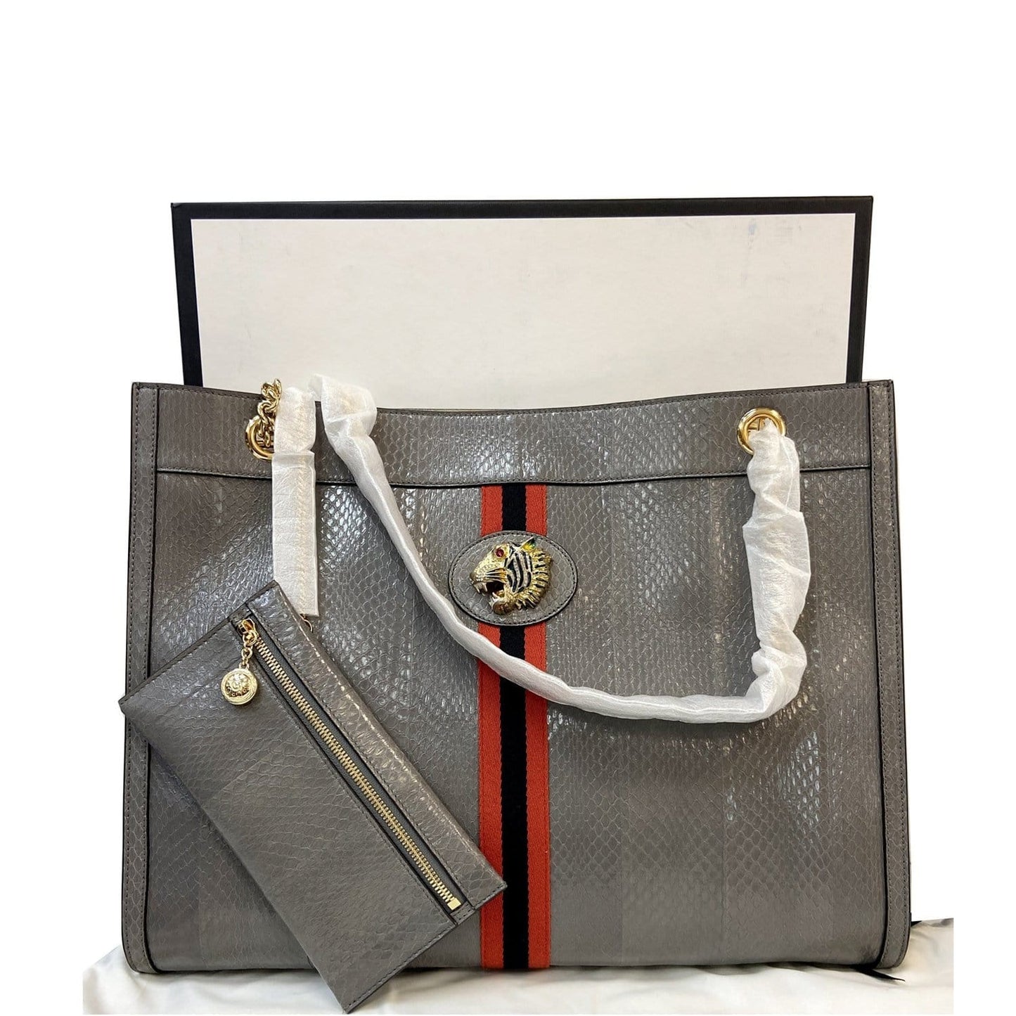 Gucci Rajah Snakeskin Tote Shoulder Bag Dusty Grey Large
