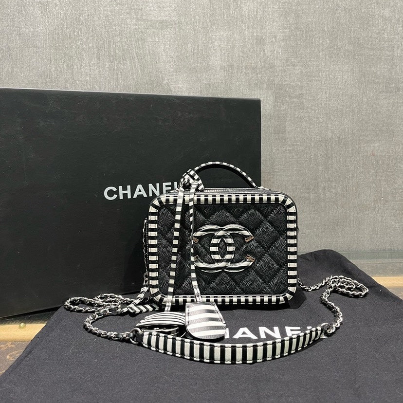 Chanel Vanity Case Black White Stripe Quilted Leather xxcm