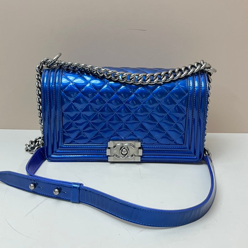 Chanel Boy Flap Bag Medium Blue Patent Leather Quilted Chain Strap