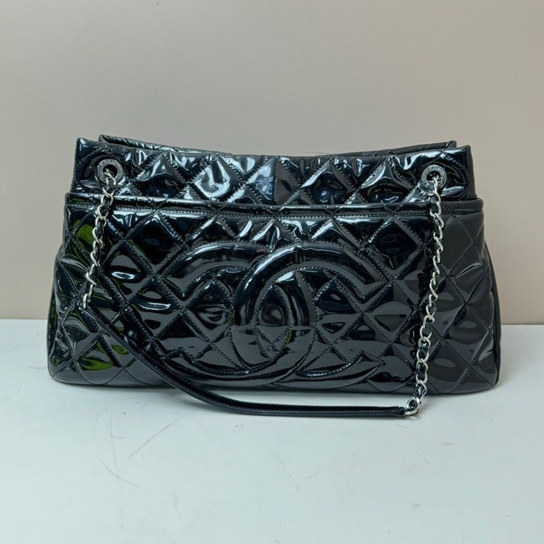 Chanel Black Patent Leather Chain Tote Bag Medium Size
