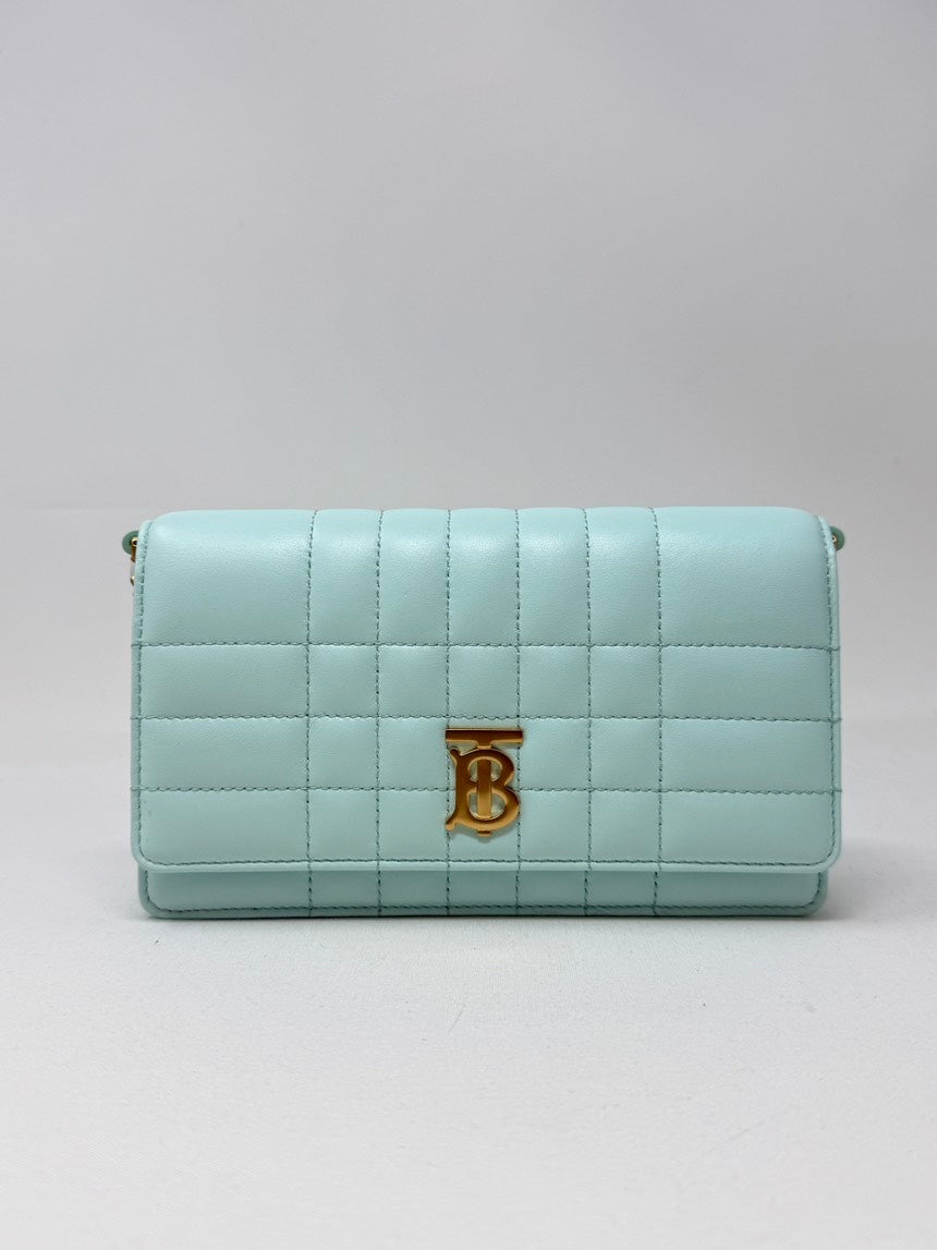 Burberry Luxury Lola Clutch With Light Leather Blue Chain Clutch Bag