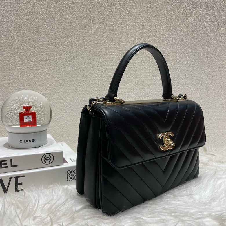 Chanel Trendy CC V Black Leather Top Handle Bag