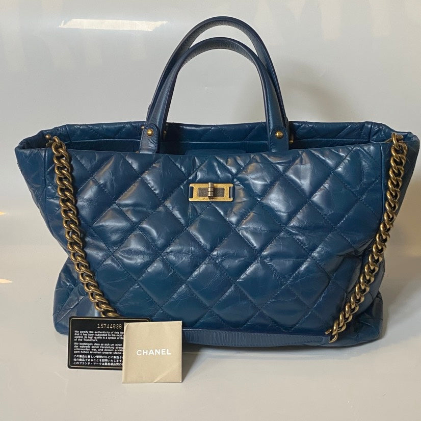 Chanel Quilted Blue Leather Tote Bag - Designer Handbag