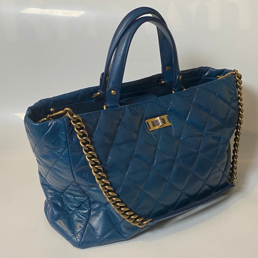 Chanel Quilted Blue Leather Tote Bag - Preloved Designer Handbag