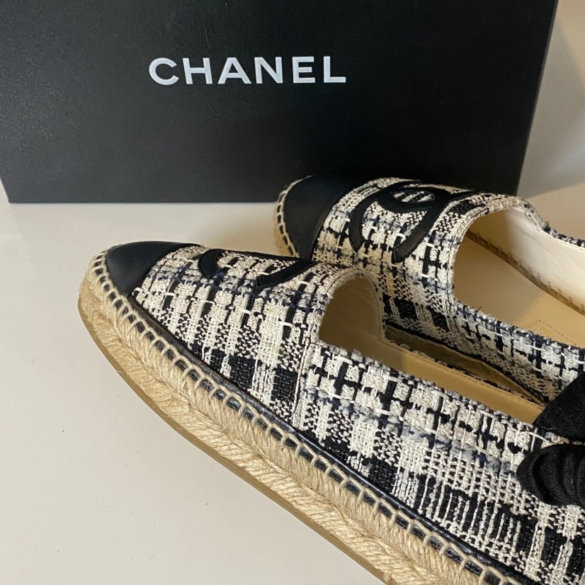 Chanel Tweed Black Slip-On Espadrille Flats