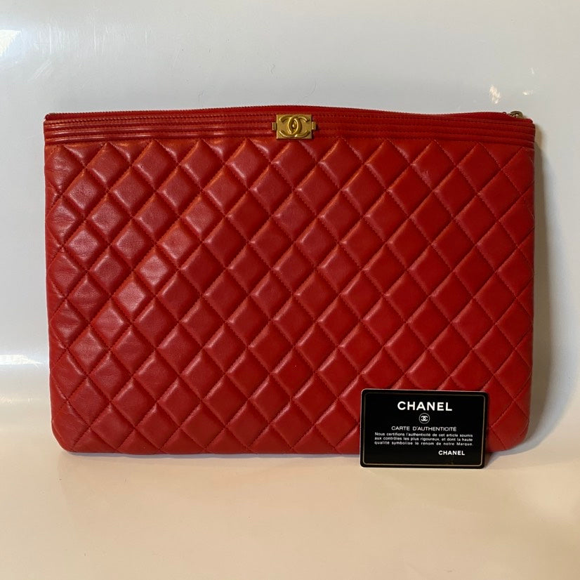 Chanel Quilted Red Leather Clutch Purse