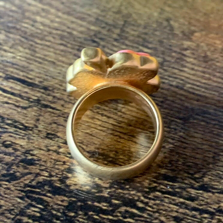 Chanel Gold Clover Ring with Pink Enamel Flower Size