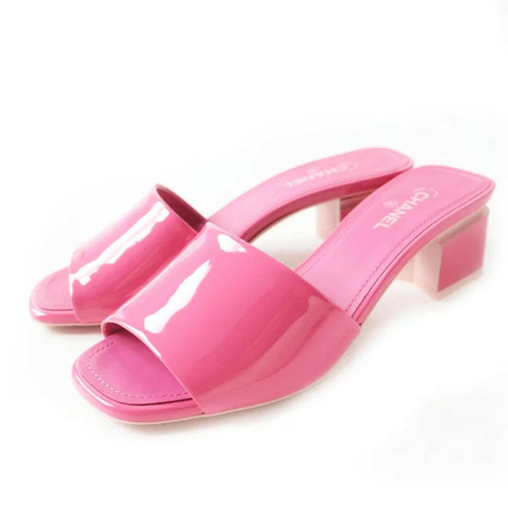 Chanel Pink Patent Calf CC Logo Slide Mule Block Heel Sandals Size C