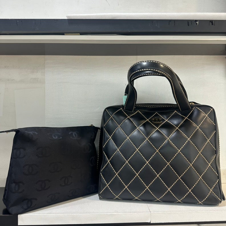 Chanel Wild Stitch Black Leather Handbag with Pouch Medium Size