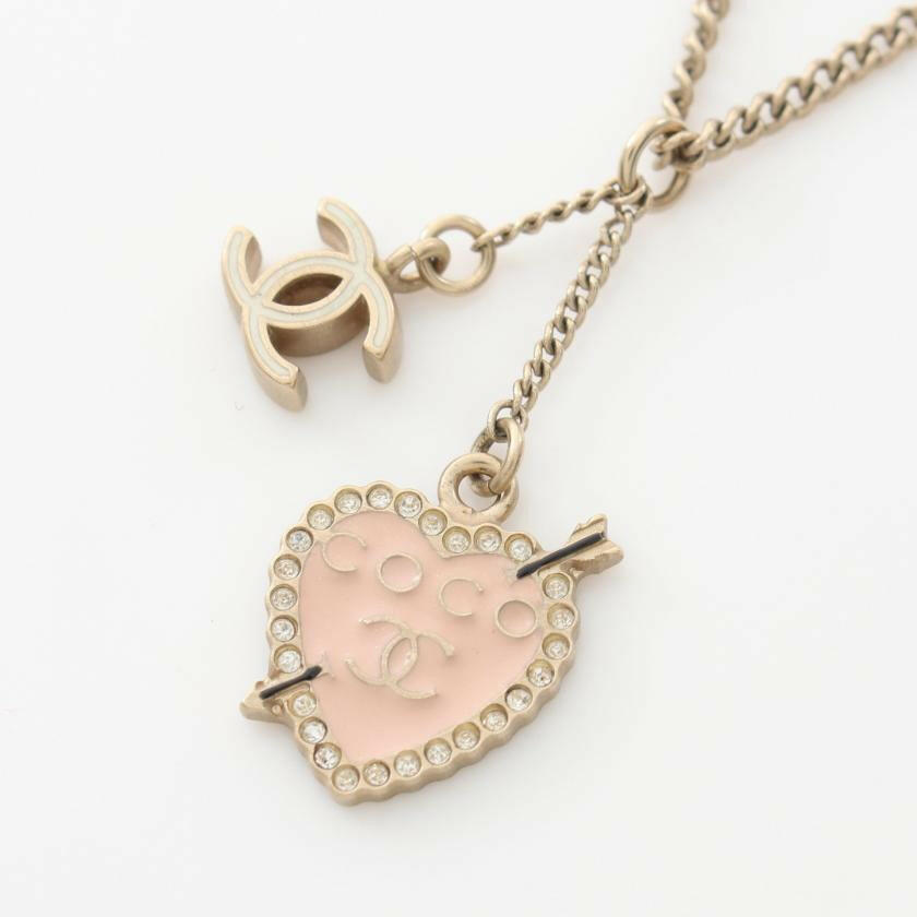 Chanel Coco Mark Heart Necklace Rhinestone Gold Light Pink Clear