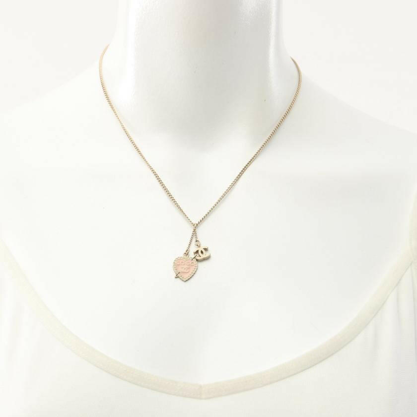 Chanel Coco Mark Heart Necklace Rhinestone Gold Light Pink Clear
