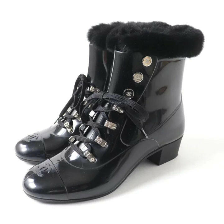 Chanel Black Patent Leather Lace-Up Ankle Boots with Fur Trim, Women's Size