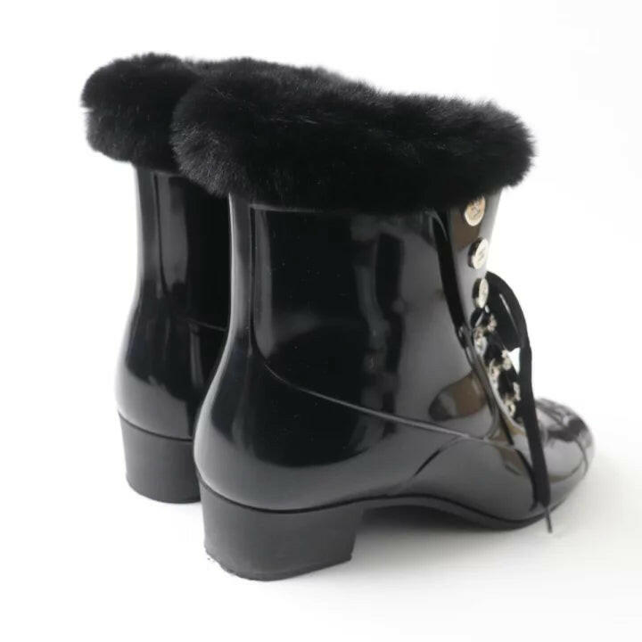 Chanel Black Patent Leather Lace-Up Ankle Boots with Fur Trim, Women's Size
