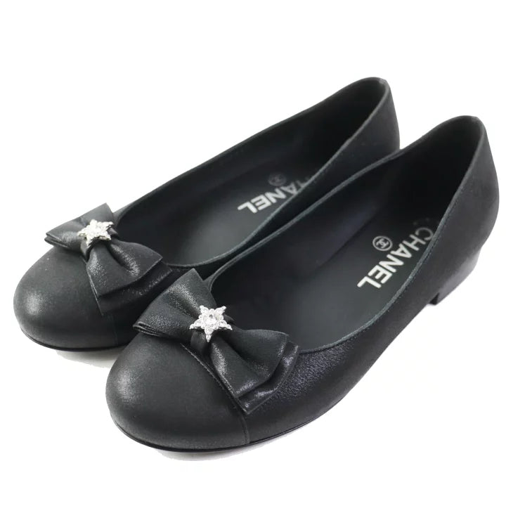 CHANEL Black Ballet Flats with Bow and Star Detail Shoes  Size