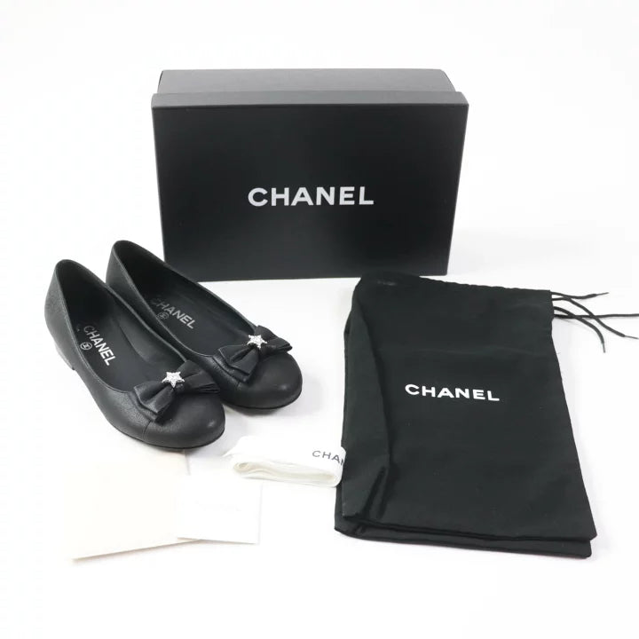 CHANEL Black Ballet Flats with Bow and Star Detail Shoes  Size