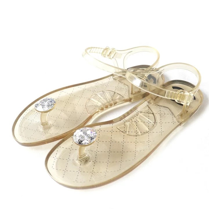 Chanel Gold Jelly Sandals with Crystal Accents - Size