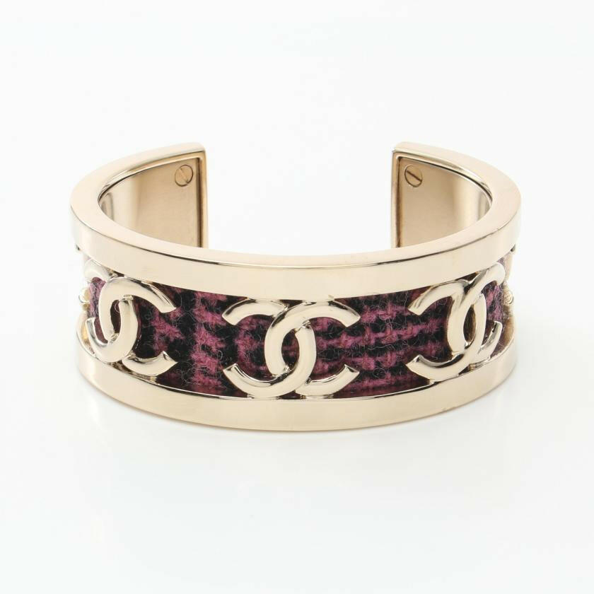 Chanel Coco Mark Bangle Gold with Pink Purple Black Fabric Bracelet - One Size