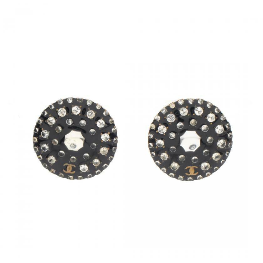 Chanel Coco Mark Black Rhinestone Circular Stud Earrings