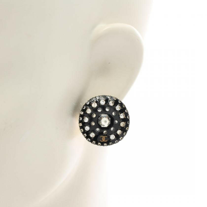 Chanel Coco Mark Black Rhinestone Circular Stud Earrings