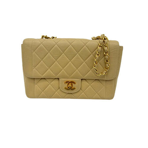 Chanel   Beige Lambskin Single Flap Bag with Gold Hardware and Chain Strap - Medium Size