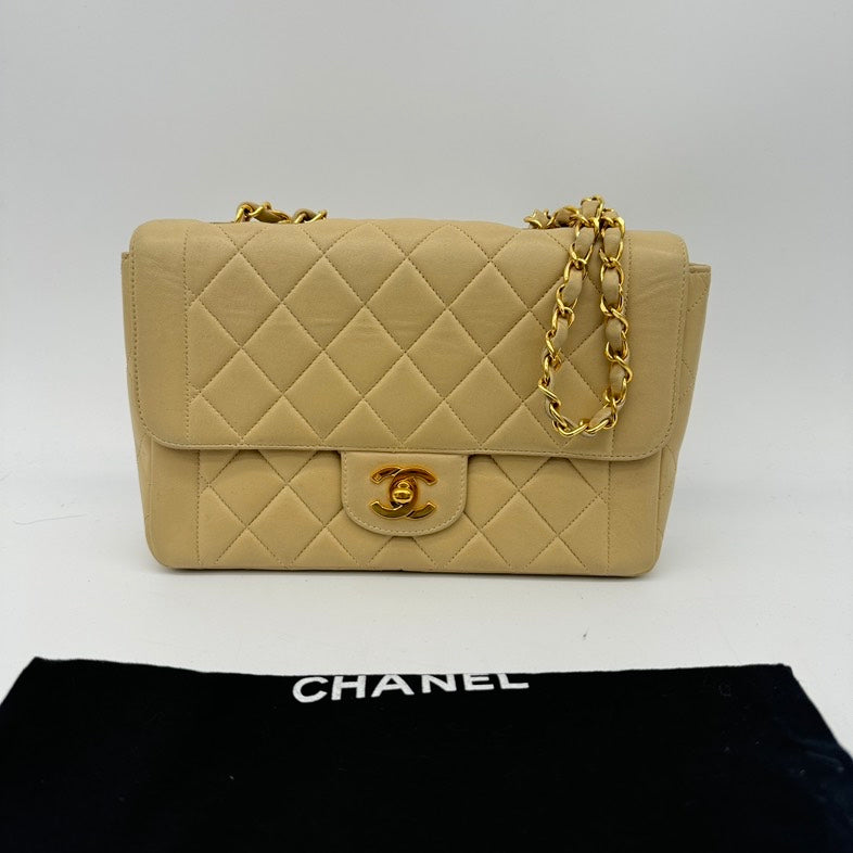 Chanel   Beige Lambskin Single Flap Bag with Gold Hardware and Chain Strap - Medium Size