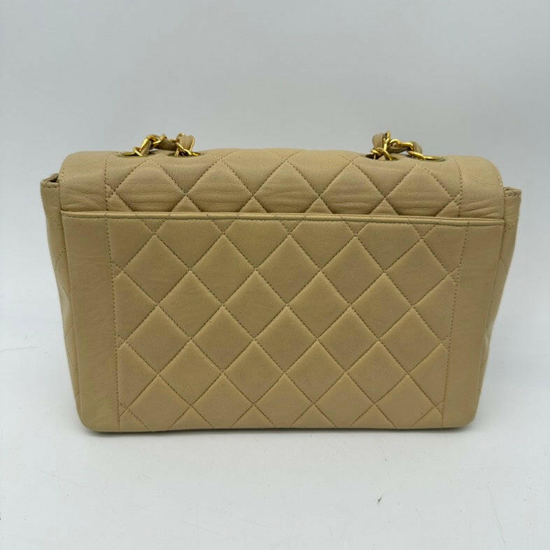 Chanel   Beige Lambskin Single Flap Bag with Gold Hardware and Chain Strap - Medium Size